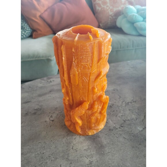 Wax Candle 9" Seasonal Autumn Decor Carved 1800's Motif Halloween Holiday Orange - Picture 9 of 9